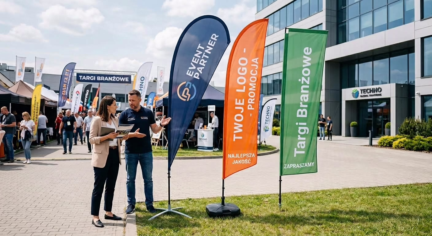 Jaką wybrać flagę reklamową na targi, event lub przed siedzibę firmy? – inspiracja targowa i wystawiennicza