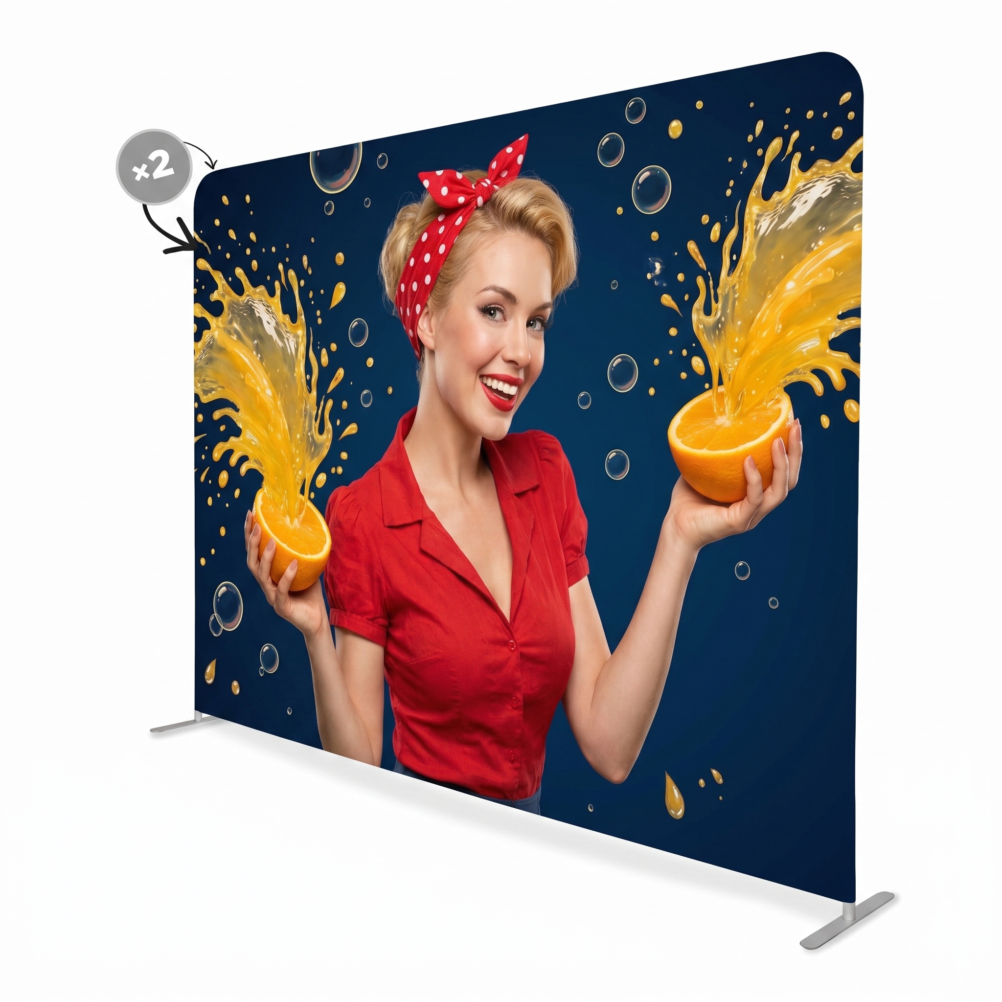 Ścianka tekstylna Atlantis Prosta 250x230 cm z grafiką kobiety trzymającej połówki pomarańczy, widok dwustronnego systemu TUBE