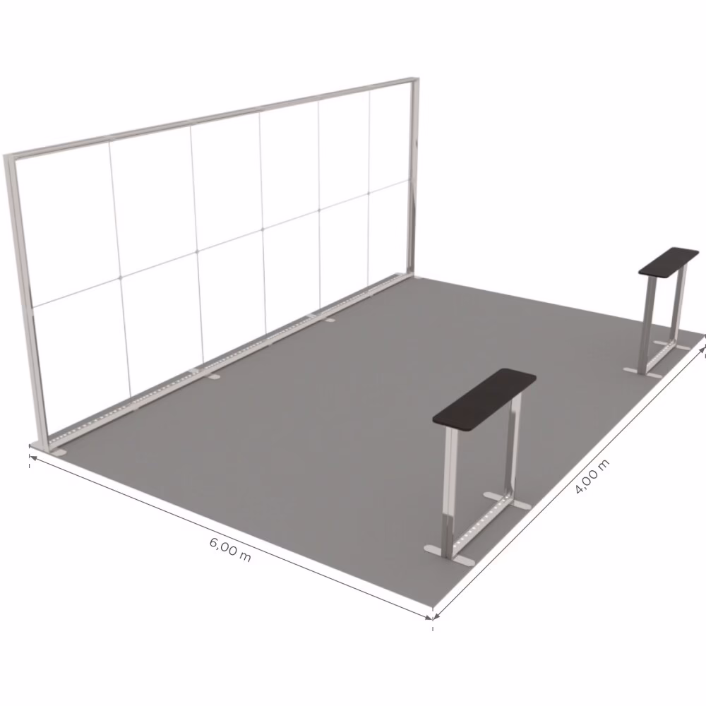 Stoisko targowe z systemu LUNIX™ 24 m² (6x4) półwysep - 2 trybunki