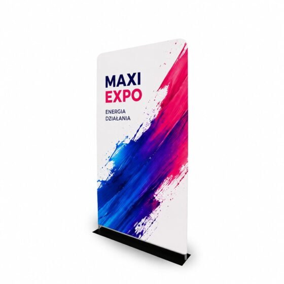 Atlantis Expo 120x230 cm – stand tekstylny z różową grafiką i czarną podstawą