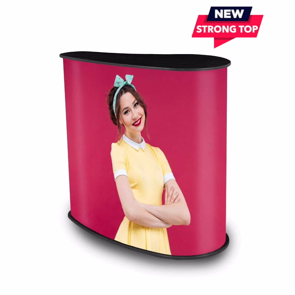 Trybunka Promo 3 z mocnym blatem, grafiką kobiety i oznaczeniem Strong Top