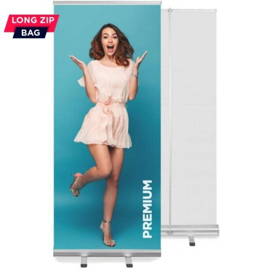 Roll Up Premium z wydrukiem z grafiką przedstawiającą kobietę i oznaczeniem LONG ZIP BAG