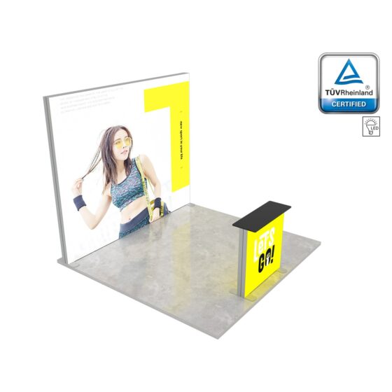 Stoisko targowe LUNIX™ 9 m² w układzie półwysep 3x3 z ścianką ekspozycyjną i trybunką