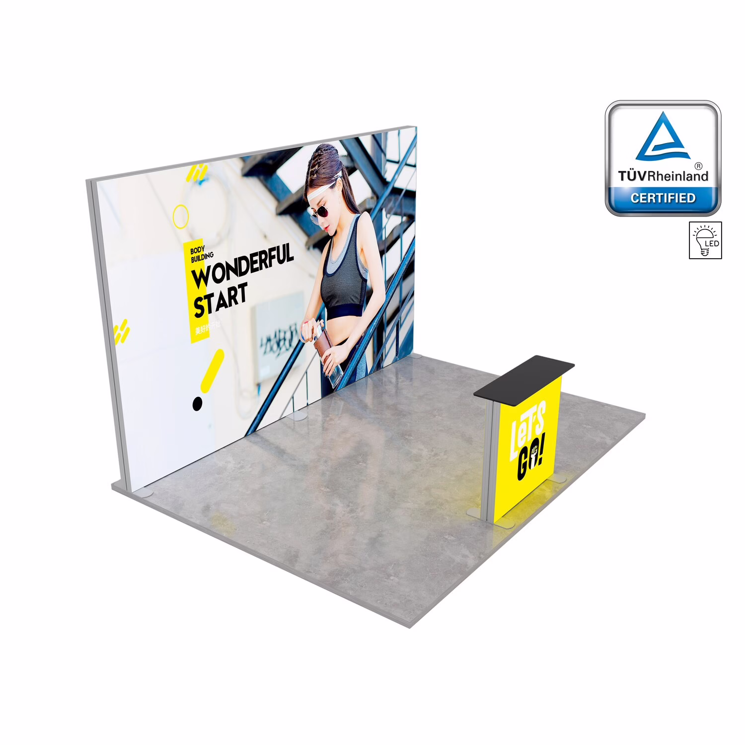 Stoisko targowe LUNIX™ 12 m² w układzie półwysep z widoczną zabudową i trybunką
