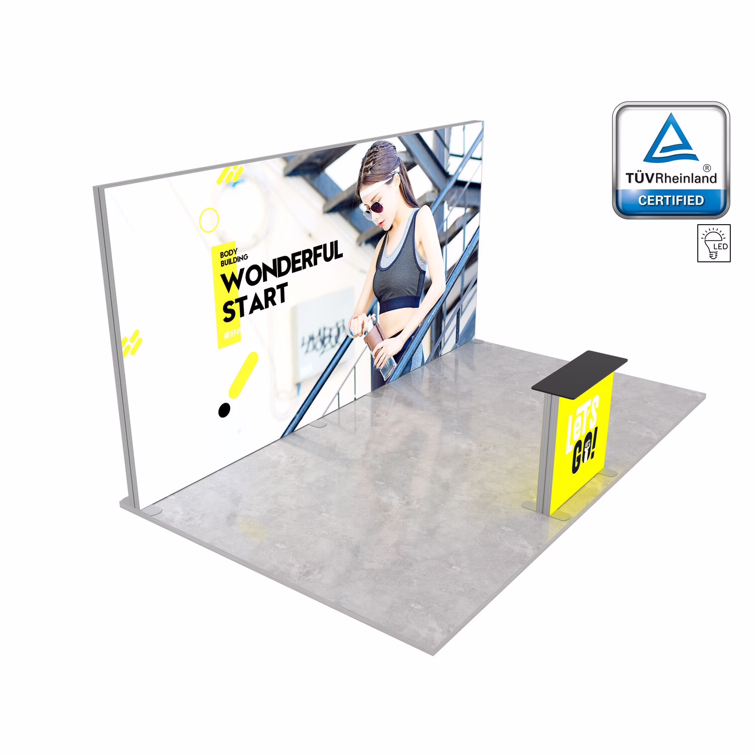 Stoisko targowe LUNIX™ 15 m² w układzie półwysep z tylną ścianką ekspozycyjną i trybunką
