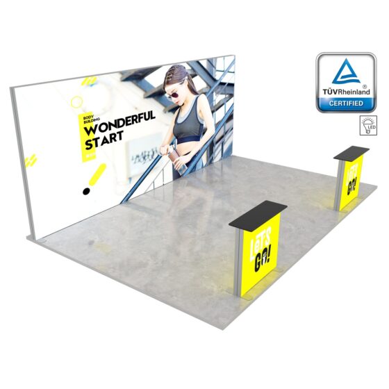 Stoisko targowe LUNIX™ 18 m² 6x3 w układzie półwysep z dwiema trybunkami