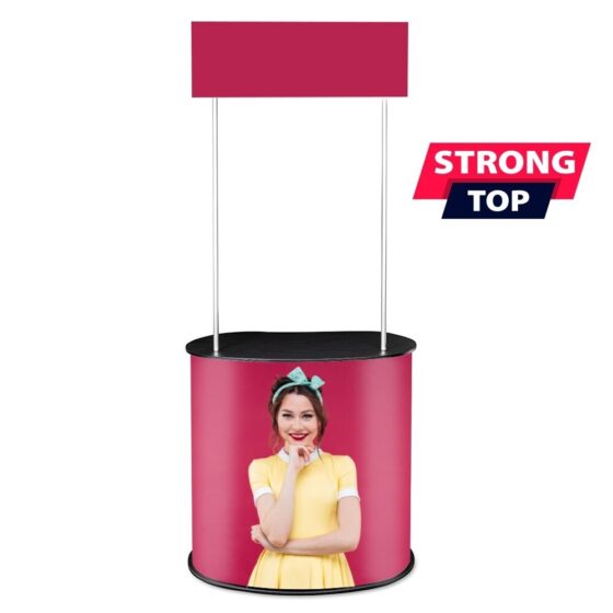 Trybunka promocyjna Promo 2 Plus z różową grafiką, blatem i topperem, wariant bez półki
