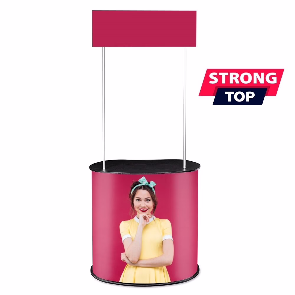 Trybunka promocyjna Promo 2 Plus z różową grafiką, blatem i topperem, wariant bez półki