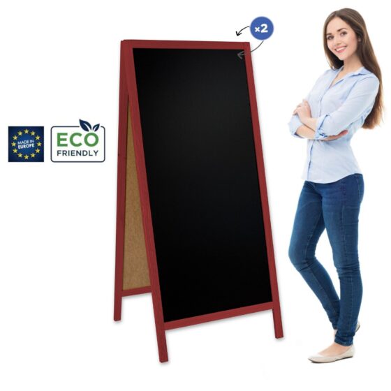 Czerwony dwustronny potykacz drewniany Classic XL z tablicą kredową do wnętrz