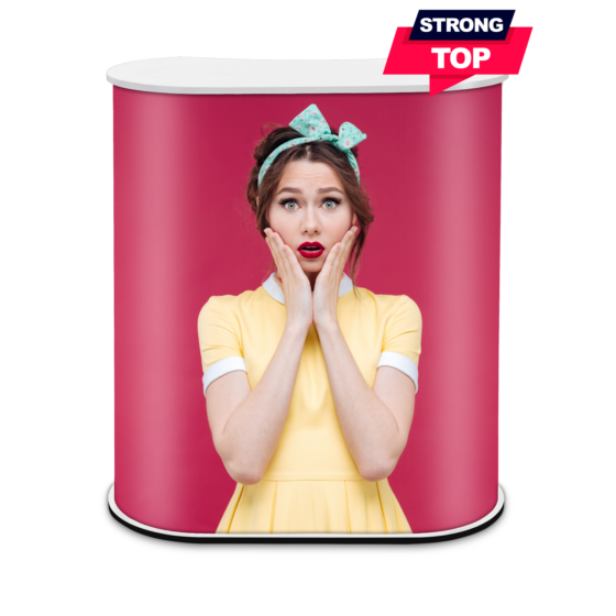 Trybunka PROMO 2 z białym blatem, grafiką kobiety na różowym tle i naklejką Strong Top