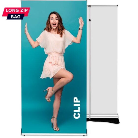 Roll-up Clip z grafiką reklamową, systemem i torbą LONG ZIP BAG