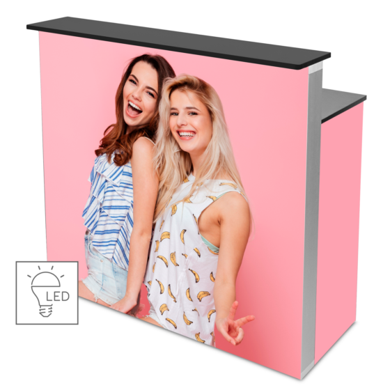 Trybunka LED BOX™ z półką z różową grafiką przedstawiającą dwie kobiety, dwoma blatami i oznaczeniem LED