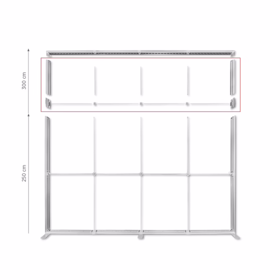 Podwyższenie systemu LUNIX 400x250 cm widoczne na konstrukcji o wysokości 300 cm