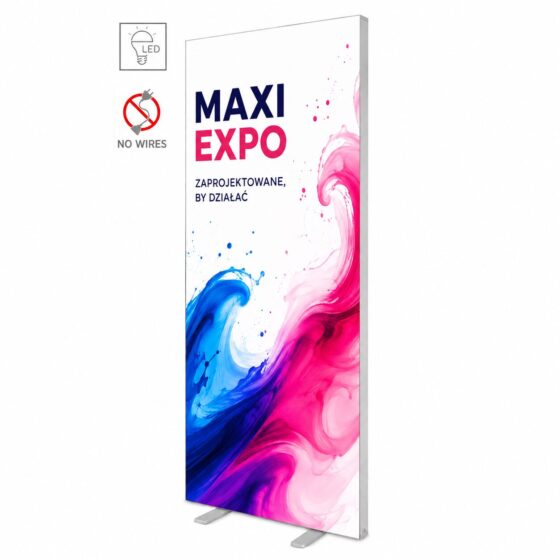 LED BOX™ Compact – podświetlana ścianka LED z różową grafiką reklamową i dwiema kobietami