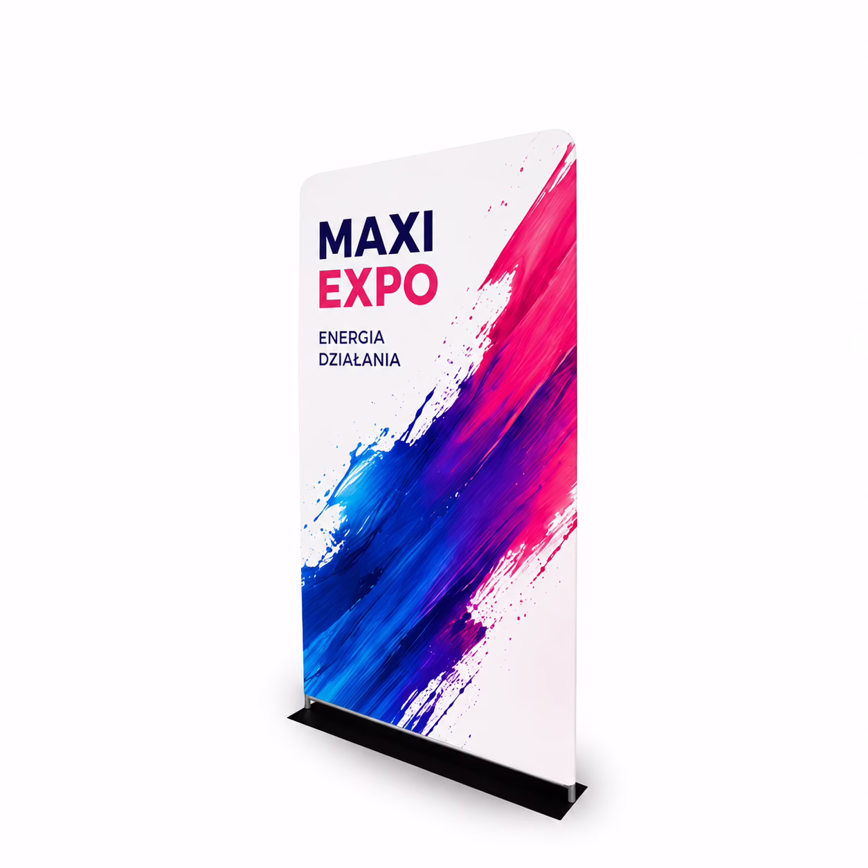 Atlantis Expo 90x230 cm – dwustronny stand tekstylny z czarną podstawą i grafiką z dwiema osobami