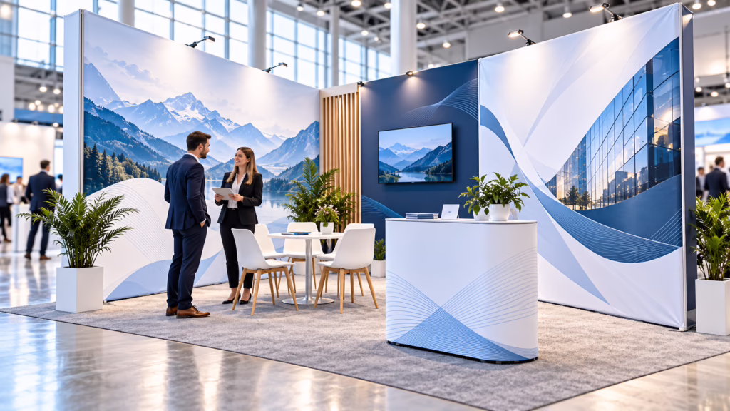 Ścianki reklamowe tekstylne z wydrukiem dla firm – inspiracja targowa i wystawiennicza